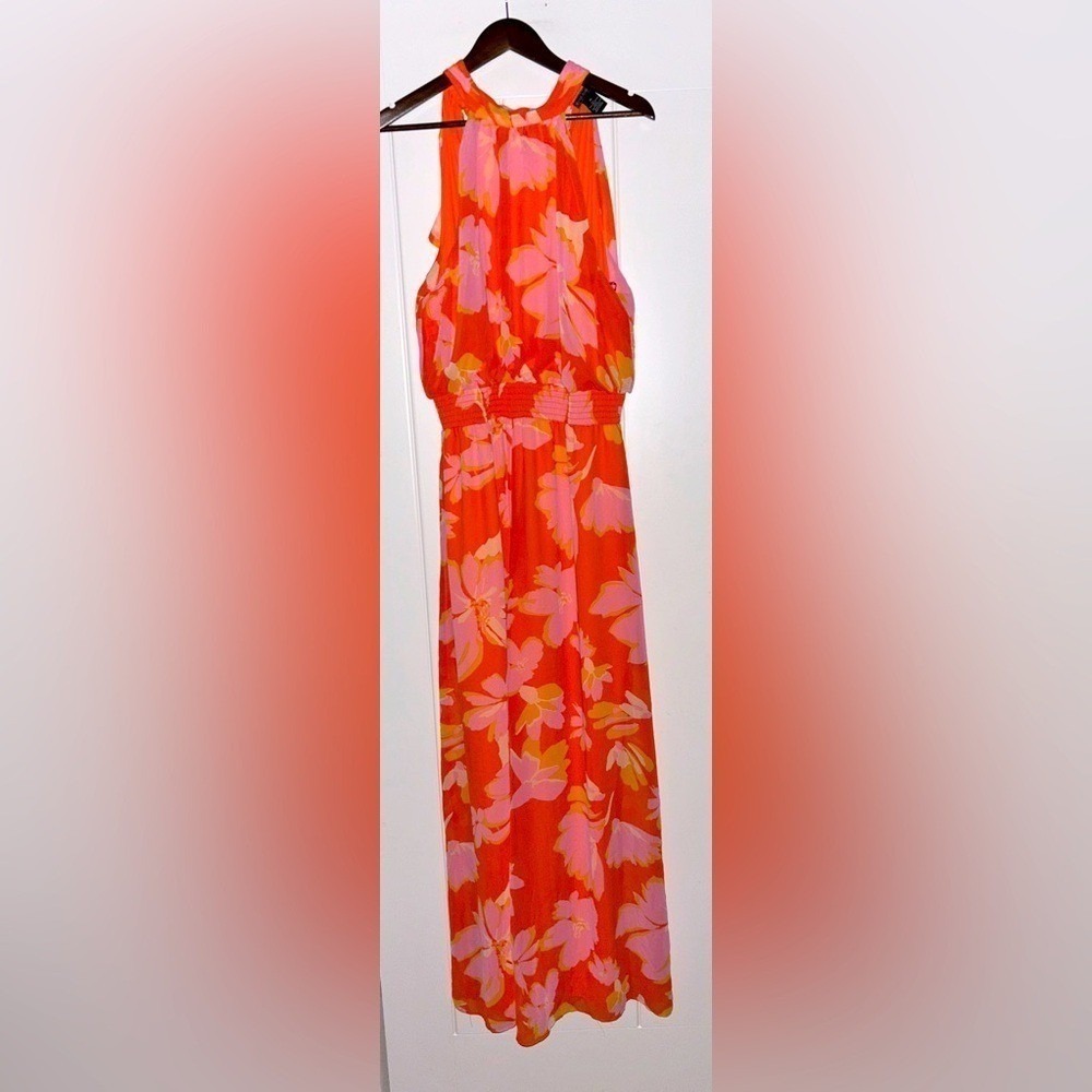 Vince Camuto Vibrant Floral Halter Smocked Maxi‎ Jumpsuit Women XL NEW Elegant